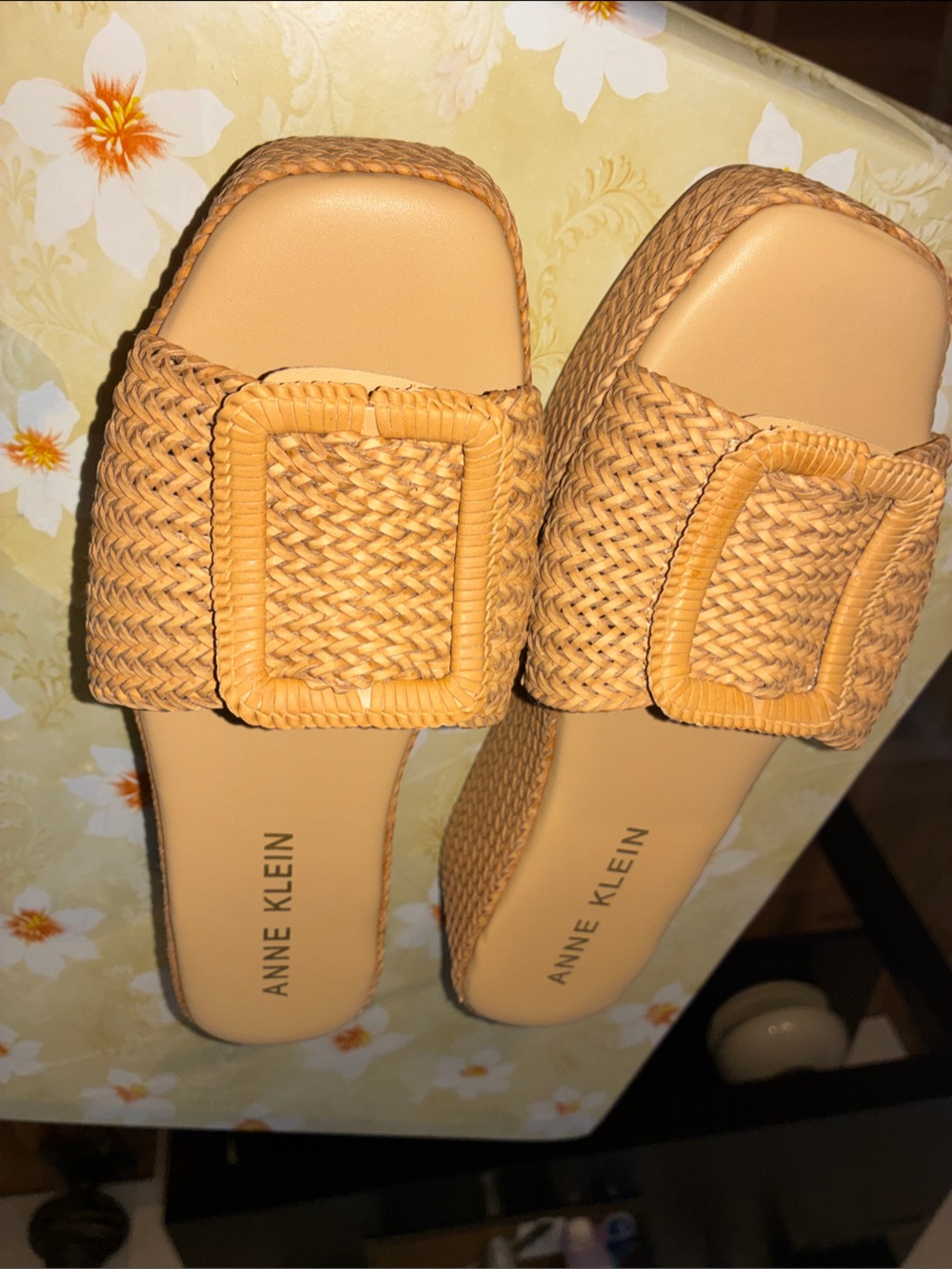 Anne Klein Tan Woven Slide Mules with Buckle Accent